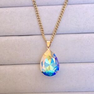 Aurora Borealis + Gold Crystal Pear Drop Pendant Necklace